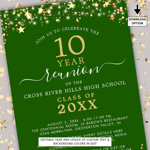 Class Reunion Green Gold Stars Lights Any Year Invitation