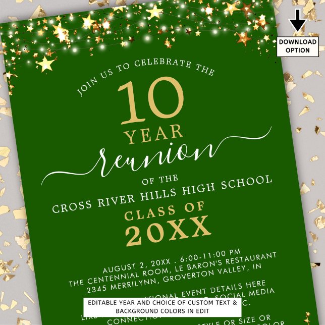 Class Reunion Green Gold Stars Lights Any Year Invitation (Creator Uploaded)