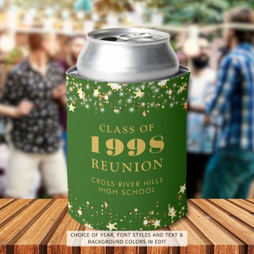 Class Reunion Green Gold Stars Personalized Can Cooler