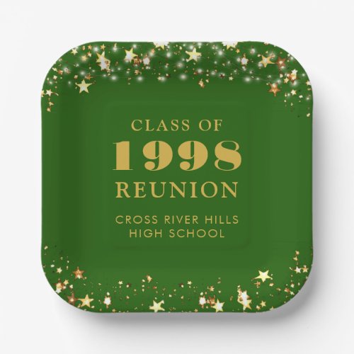 Class Reunion Green Gold Stars Personalized Paper Plates