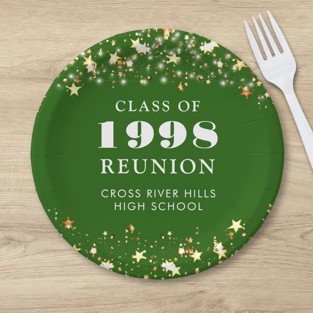 Class Reunion Green Gold Stars Personalized Paper Plates (Creator Uploaded)