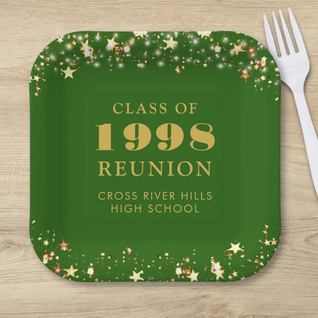 Class Reunion Green Gold Stars Personalized Paper Plates (Creator Uploaded)