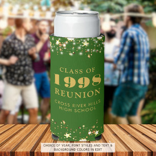 Class Reunion Green Gold Stars Personalized Seltzer Can Cooler