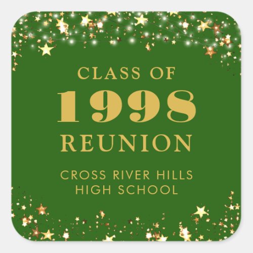 Class Reunion Green Gold Stars Personalized Square Sticker