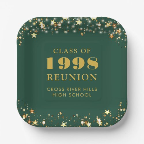 Class Reunion Green Gold Stars Year School Name Paper Plates