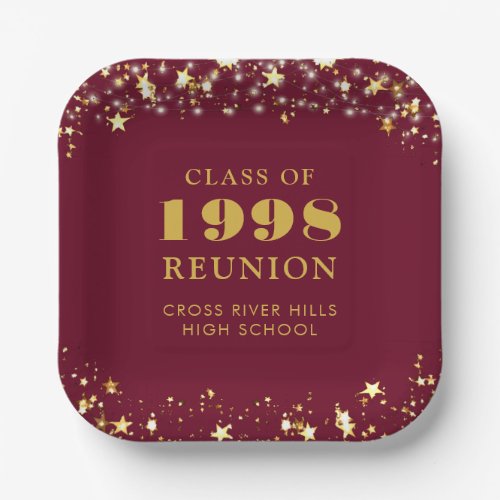 Class Reunion Maroon Gold Stars Personalized Paper Plates