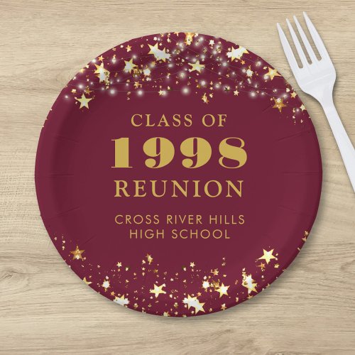 Class Reunion Maroon Gold Stars Personalized Paper Plates