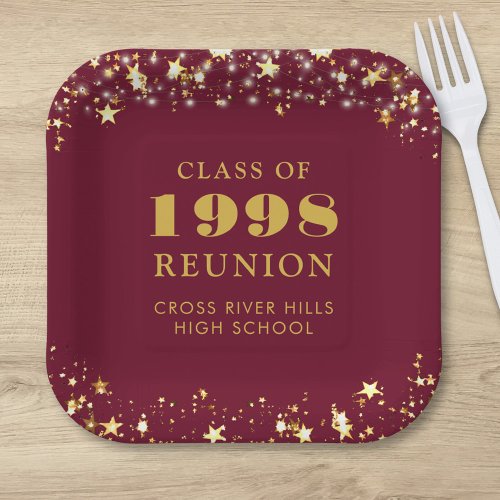 Class Reunion Maroon Gold Stars Personalized Paper Plates