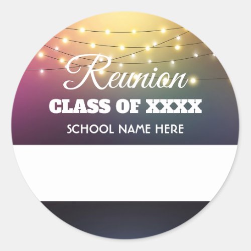 Class Reunion name tags with string lights