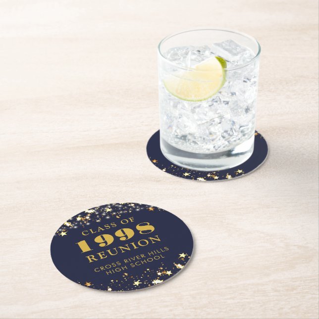 Class Reunion Navy Blue Gold Stars Lights Round Paper Coaster (Insitu)
