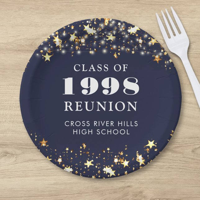 Class Reunion Navy Blue Gold Stars Personalized Paper Plates (Creator Uploaded)