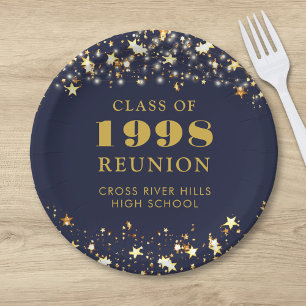 Class Reunion Navy Blue Gold Stars Personalized Paper Plates