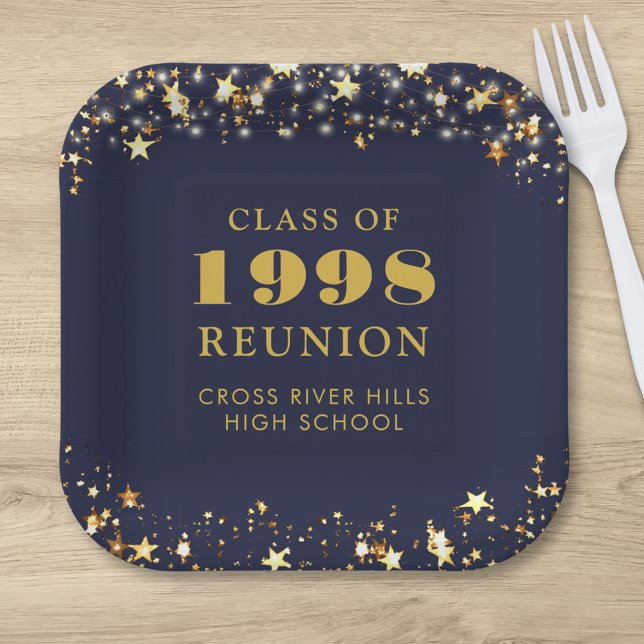 Class Reunion Navy Blue Gold Stars Personalized Paper Plates (Creator Uploaded)