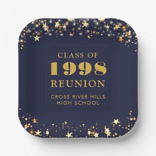 Class Reunion Navy Blue Gold Stars Personalized Paper Plates