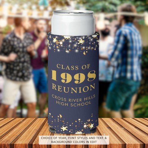 Class Reunion Navy Blue Gold Stars Personalized Seltzer Can Cooler