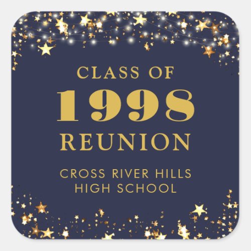 Class Reunion Navy Blue Gold Stars Personalized Square Sticker