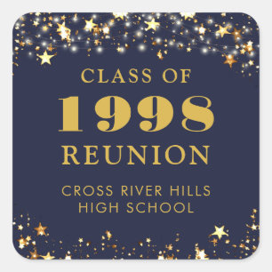 Class Reunion Navy Blue Gold Stars Personalized Square Sticker
