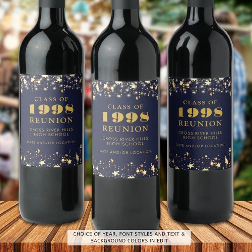 Class Reunion Navy Blue Gold Stars Personalized Wine Label
