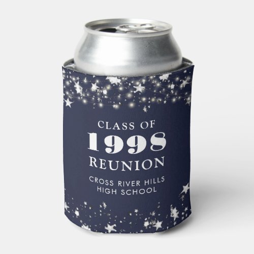 Class Reunion Navy Blue Silver Stars Personalized Can Cooler