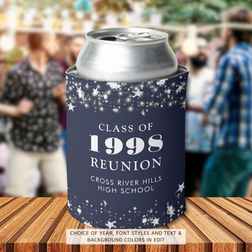 Class Reunion Navy Blue Silver Stars Personalized Can Cooler