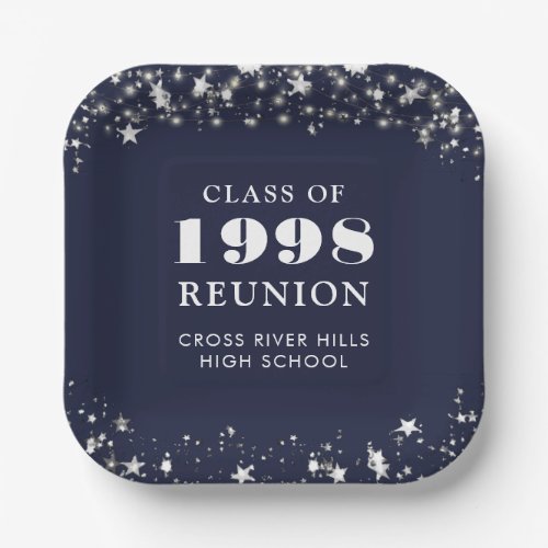 Class Reunion Navy Blue Silver Stars Personalized Paper Plates