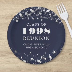 Class Reunion Navy Blue Silver Stars Personalized Paper Plates