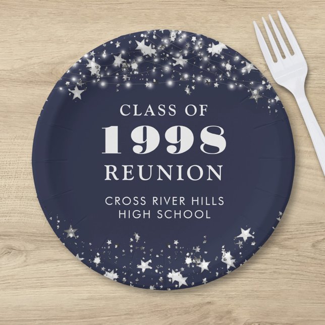 Class Reunion Navy Blue Silver Stars Personalized Paper Plates (Creator Uploaded)