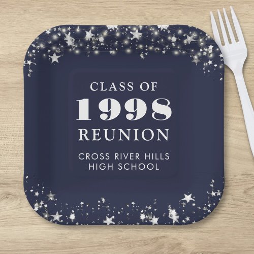 Class Reunion Navy Blue Silver Stars Personalized Paper Plates