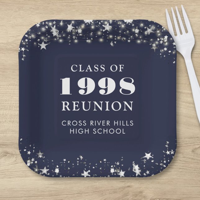 Class Reunion Navy Blue Silver Stars Personalized Paper Plates (Creator Uploaded)