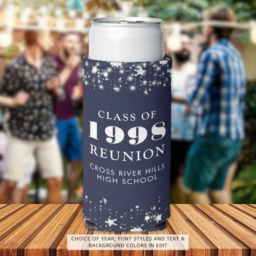 Class Reunion Navy Blue Silver Stars Personalized Seltzer Can Cooler