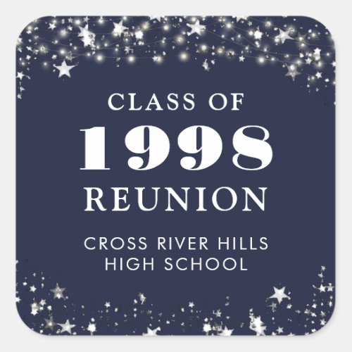 Class Reunion Navy Blue Silver Stars Personalized Square Sticker