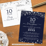 Class Reunion Navy Blue Stars Lights Any Year Postcard<br><div class="desc">Modern and elegant class reunion postcard invitation for any year reunion (shown for a 10 Year) featuring silver stars and lights, elegant handwritten script typography and a custom color background (shown in navy blue) that you can change to your school color or party theme color. All text is editable to...</div>