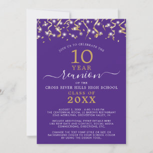 Class Reunion Purple Gold Confetti Streamers Invitation