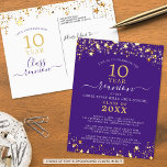 Class Reunion Purple Gold Stars Lights Any Year Postcard<br><div class="desc">Modern and elegant class reunion postcard invitation for any year reunion (shown for a 10 Year) featuring gold stars and lights, elegant handwritten script typography and a custom color background (shown in purple) that you can change to your school color or party theme color. All text is editable to make...</div>