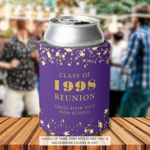 Class Reunion Purple Gold Stars Personalized Can Cooler