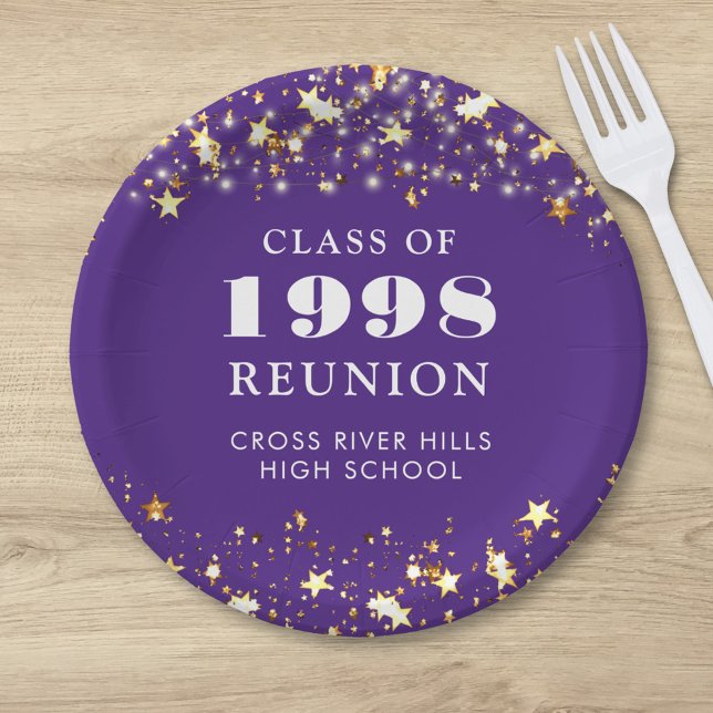 Class Reunion Purple Gold Stars Personalized Paper Plates (Creator Uploaded)
