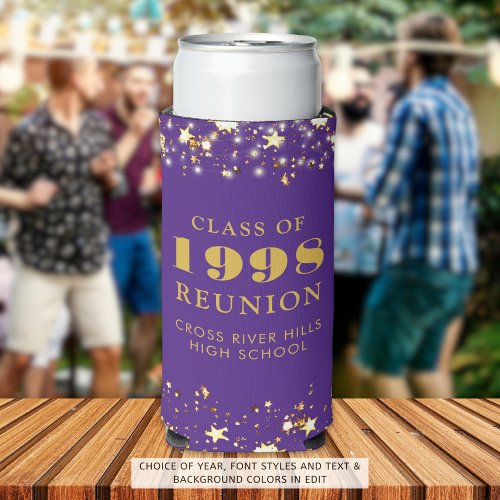 Class Reunion Purple Gold Stars Personalized Seltzer Can Cooler