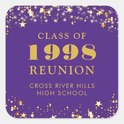 Class Reunion Purple Gold Stars Personalized Square Sticker