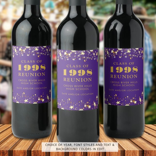Class Reunion Purple Gold Stars Personalized Wine Label (Creator Uploaded)