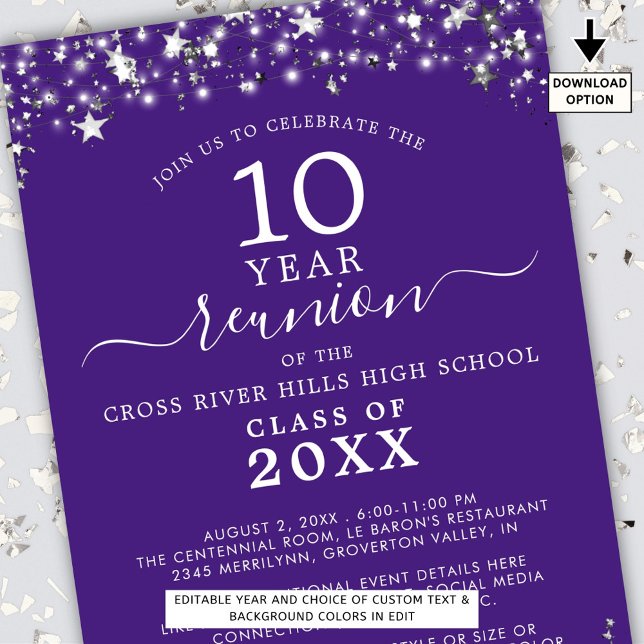 Class Reunion Purple Silver Stars Lights Any Year Invitation (Creator Uploaded)