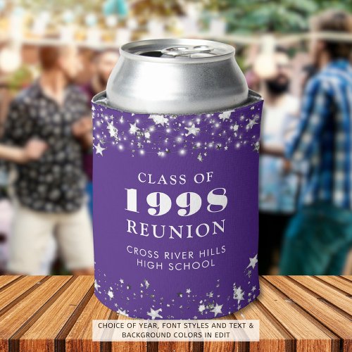 Class Reunion Purple Silver Stars Personalized Can Cooler