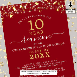 Class Reunion Red Gold Stars Lights Any Year Invitation