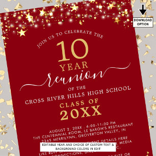 Class Reunion Red Gold Stars Lights Any Year Invitation