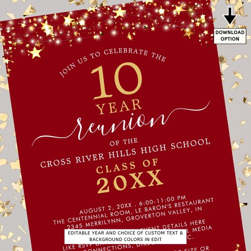 Class Reunion Red Gold Stars Lights Any Year Invitation