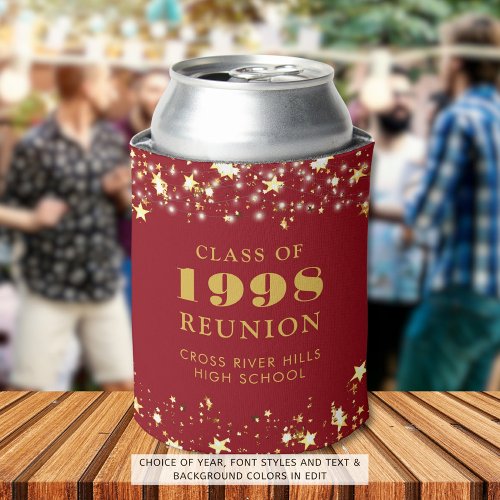Class Reunion Red Gold Stars Personalized Can Cooler