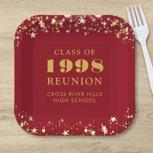 Class Reunion Red Gold Stars Personalized Paper Plates