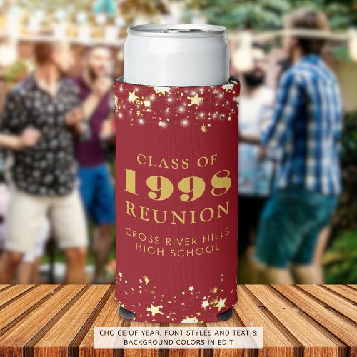 Class Reunion Red Gold Stars Personalized Seltzer Can Cooler