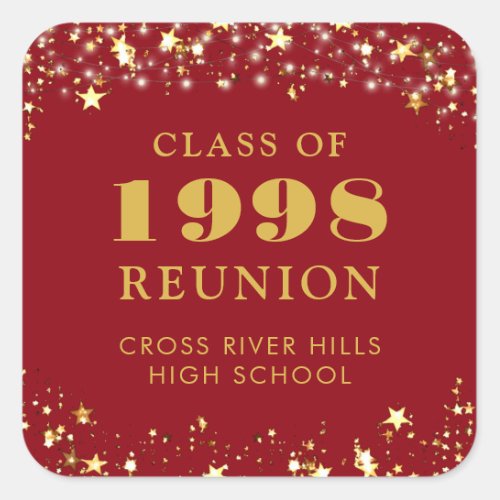 Class Reunion Red Gold Stars Personalized Square Sticker