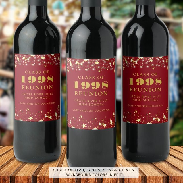 Class Reunion Red Gold Stars Personalized Wine Label (Creator Uploaded)