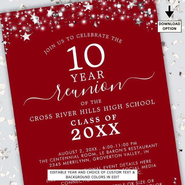 Class Reunion Red Silver Stars Lights Any Year Invitation (Creator Uploaded)